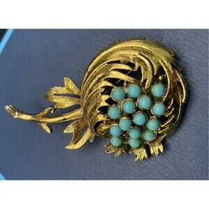 Vintage 70s Faux Turquoise Flower Brooch Blue Floral Gold Pin 2"x1.25" Unsigned